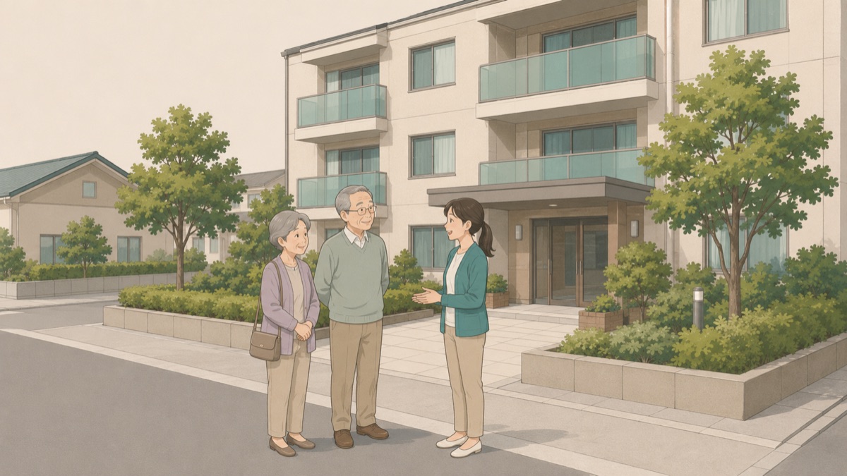 アパートの前で高齢のご夫婦とスタッフが話しているイラスト