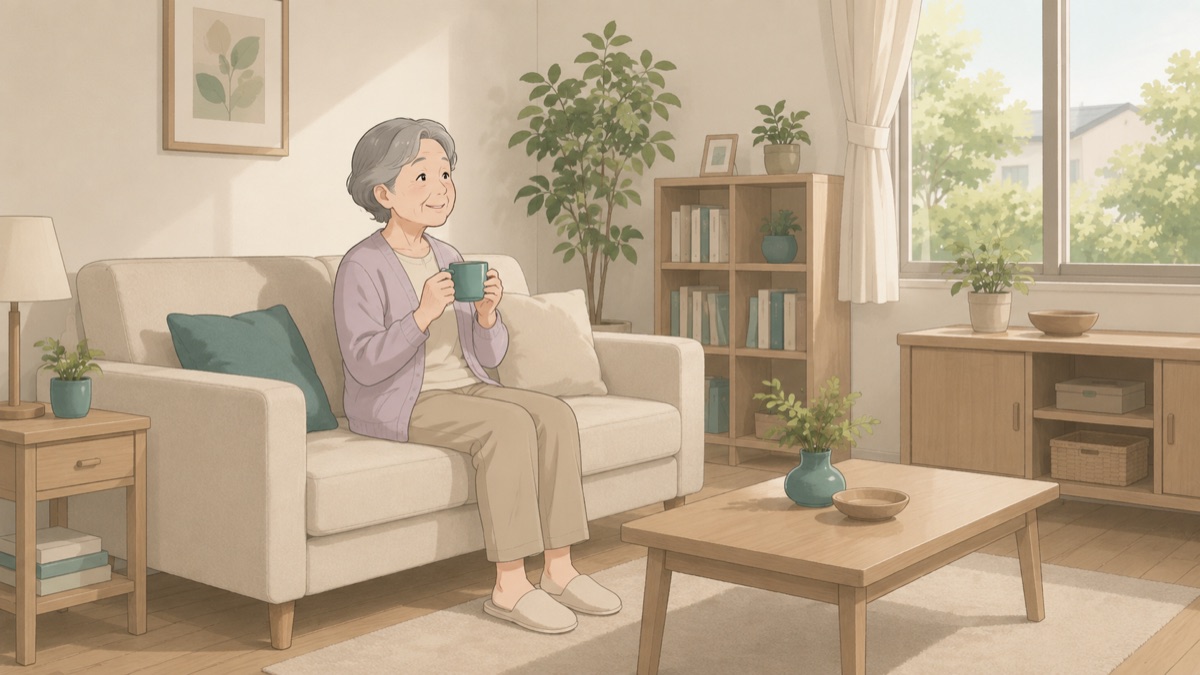 居室でくつろぐ高齢者のイラスト